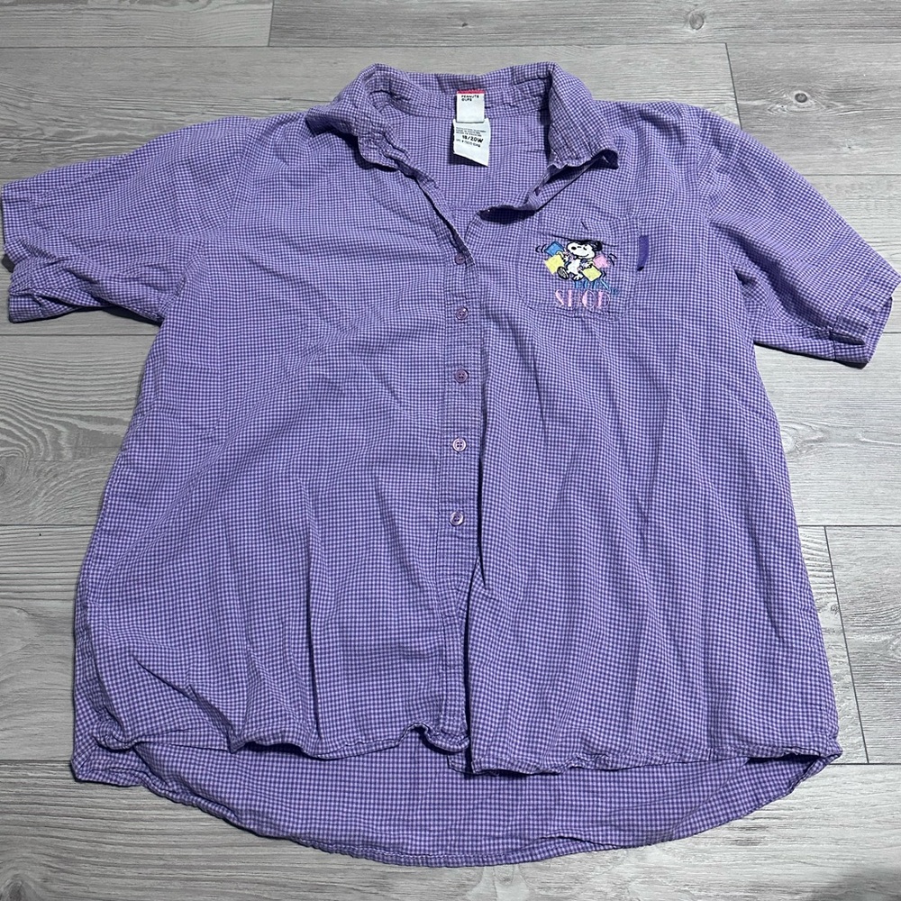 Vintage Peanuts Snoopy Purple Gingham Embroidered Button Down Shirt, Size 18/20W